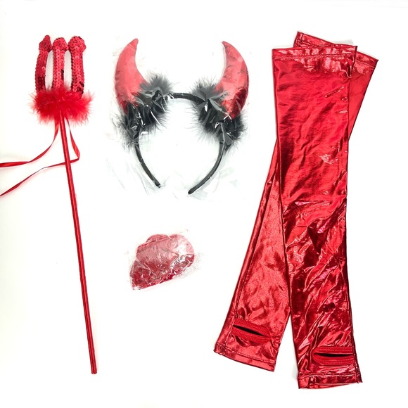 Dolls Kill Devil Horns Headband + Accessories Set Thigh Highs/Pitchfork/Red - Picture 1 of 7